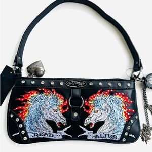 Ed Hardy “Dead or Alive” Embroidered Shoulder Bag – Black Leather with Charms.